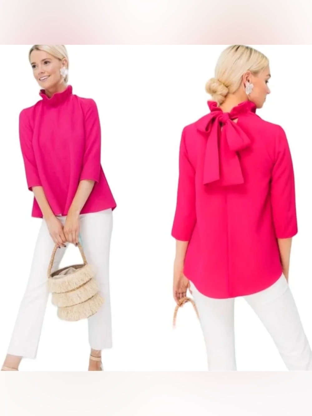 Tuckernuck pomander place Women's Pink Bow-Back Ruffle Neck Blouse